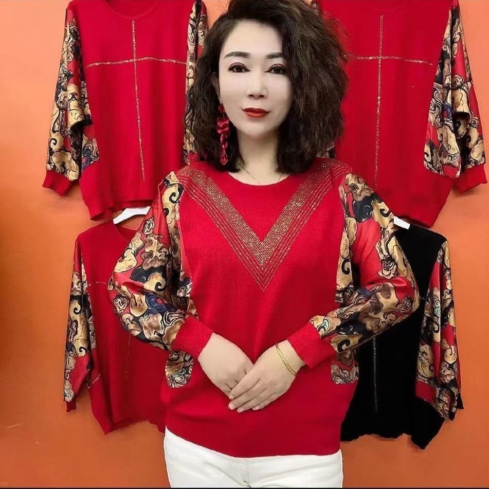 🔥本命年媽媽裝30到60歲炫彩袖拼接衫新款秋冬長袖圓領鑲鑽印花T卹 